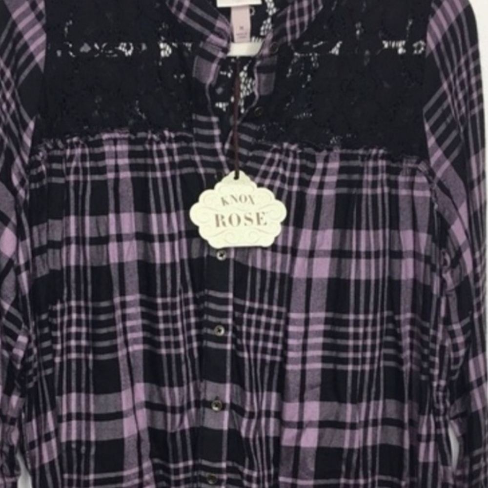 Knox Rose Purple Plaid Black Lace Shirt XS NWT